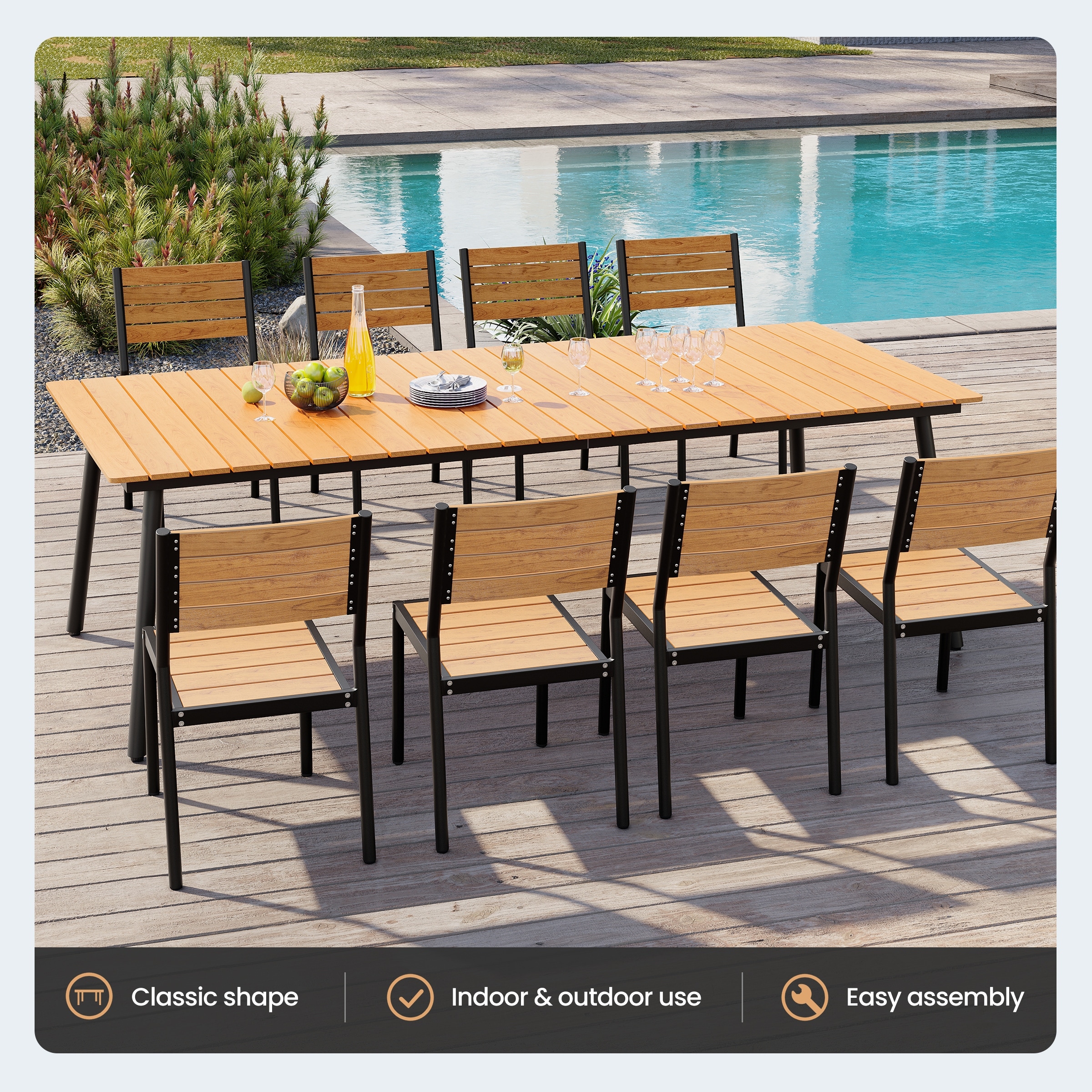 Wooden outdoor dining set on a wooden deck.