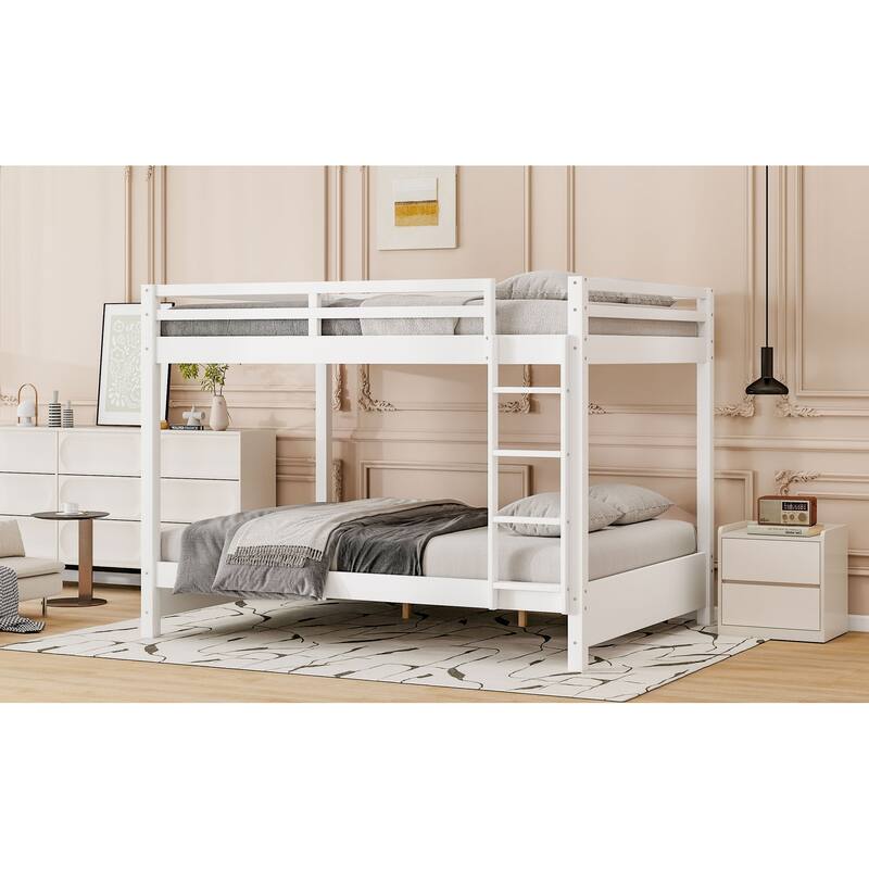 Wood Queen Size Bunk Bed with Ladder, White