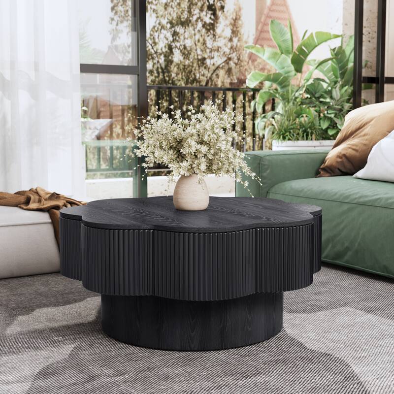 31.50" Modern Flower Shaped Coffee Table, Plum Blossom Shaped Coffee Table with Storage - Natural Wood Veneer