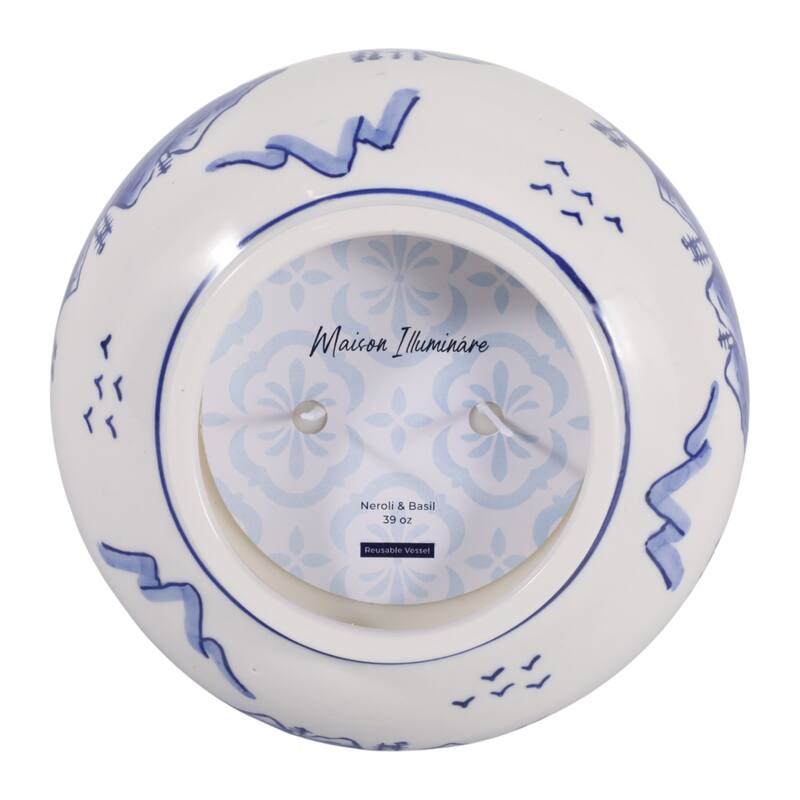 Chinoiserie Ceramic Candle - Neroli and Basil Scent - 7", Blue - 7.0"