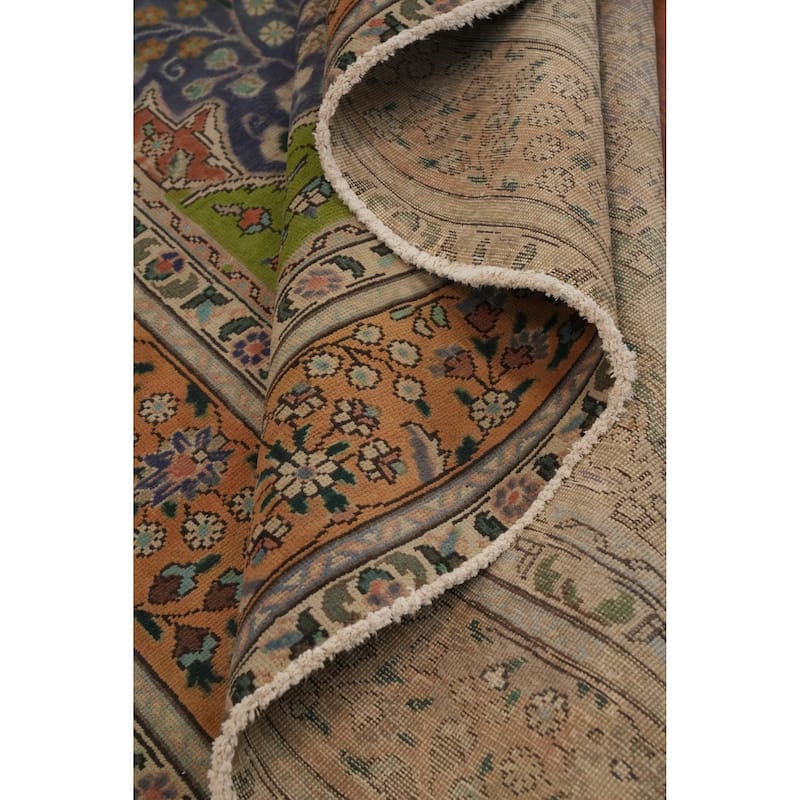 Hand Knotted Oriental 100% Wool Carpet Traditional Floral Navy Blue & Blues Tabriz Area Rug - 10' 9'' X 8' 0''