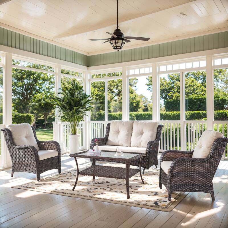 Patio Club Chair with 2 Seater Wicker Sofa - Beige - Brown