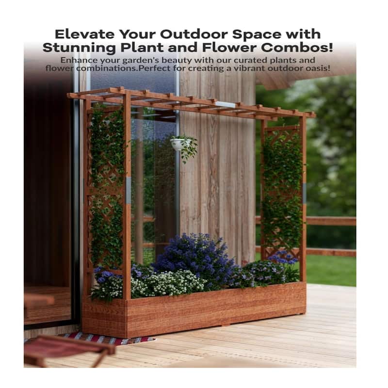 43x17x72Inch Elevated Wooden Garden Bed with Trellis and Hanging Roof Wood Planter Box 4 Drainage Holes