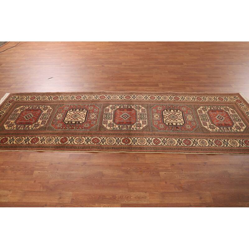Geometric Anatolian Vintage Runner Rug Hand-Knotted Wool Carpet - 3'1" X 9'10"