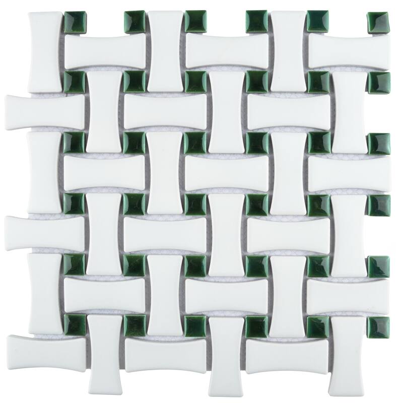 Merola Tile Metro Ion Dog Bone Basketweave Emerald Dot w/Matte White 10" x 10" Porcelain Floor and Wall Tile