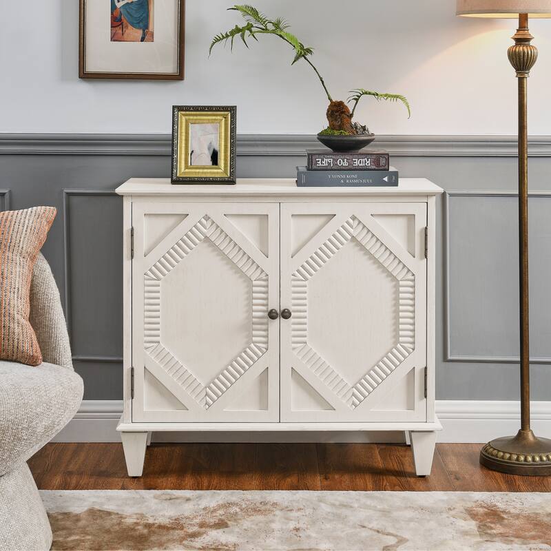 33.6" Retro Wooden Sideboard Buffet Cabinet with Storage, Symmetrical Geometric Accent Display Cabinets, Media Console Credenza - Antique White