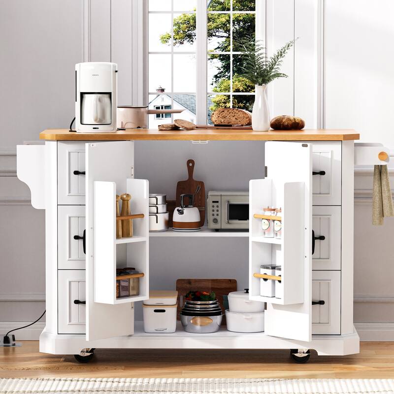 55.5'' Rubber Wood Kitchen Island with Power Outlet, Drop Leaf, Rolling Wheels and 6 Deep Drawers - 55.5'' x 29.75'' x 36'' - White