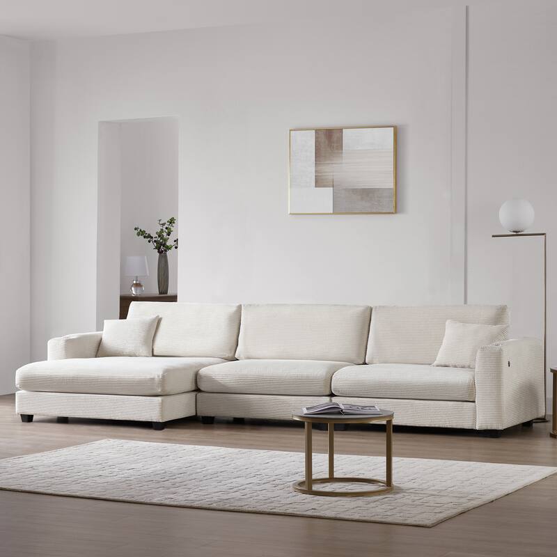 Modern L Shaped Cloud Couch with USB Charging, Cup Holder, and Deep Seat Chaise, Comfy Corduroy Sofa Bed for Living Room - Beige