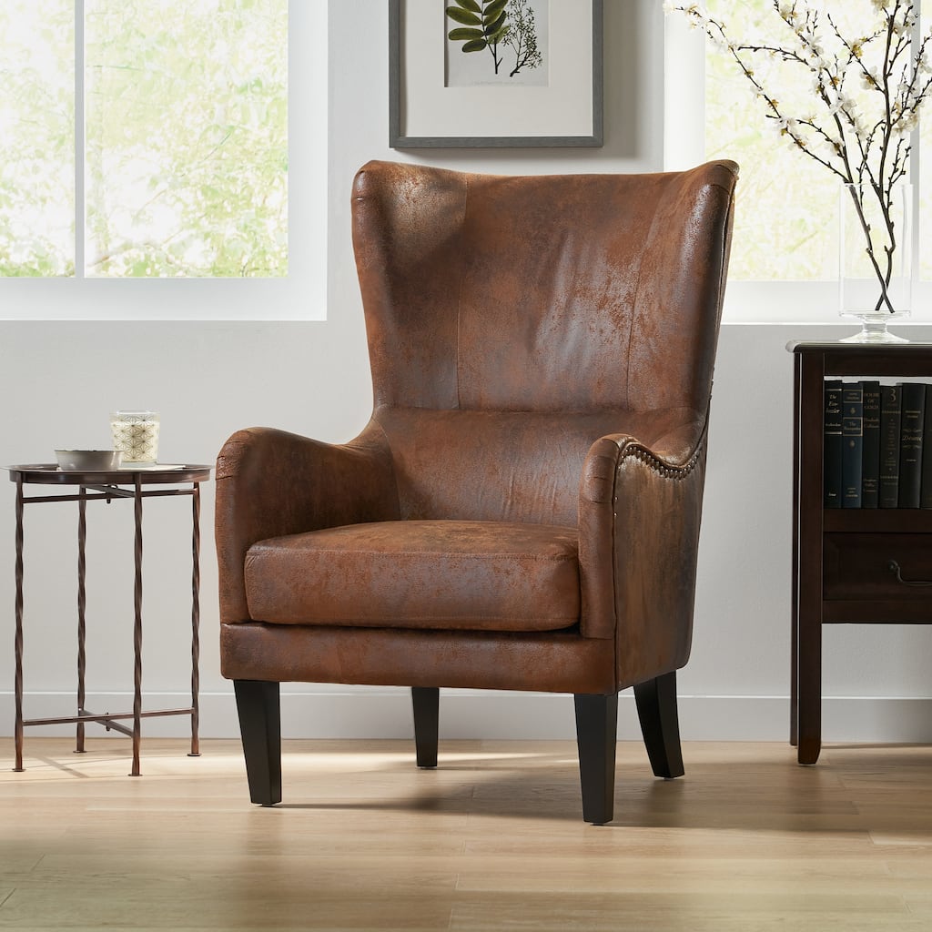 Lorenzo Contemporary Microfiber Wingback Club Chair with Nailhead Trim by Christopher Knight Home