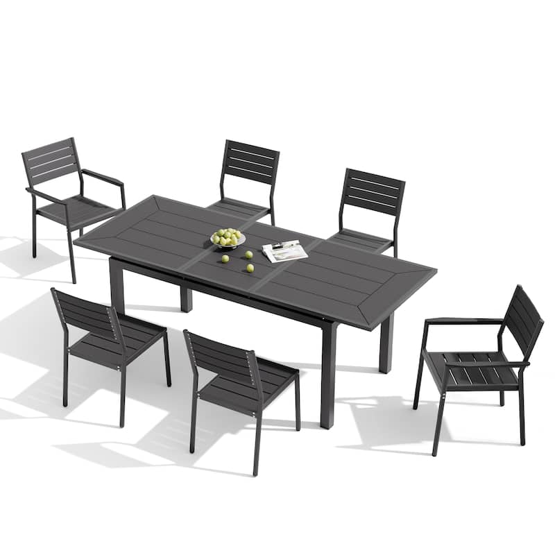 7PC Pellebant Outdoor Patio Aluminum Expandable Dining Set Table WPC Top with Stackable Chairs - N/A