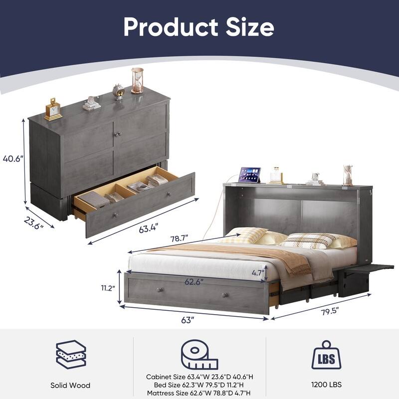 Mixoy Murphy Bed with Mattress,Modern Cube Foldable Cabinet Bed with Charging Station