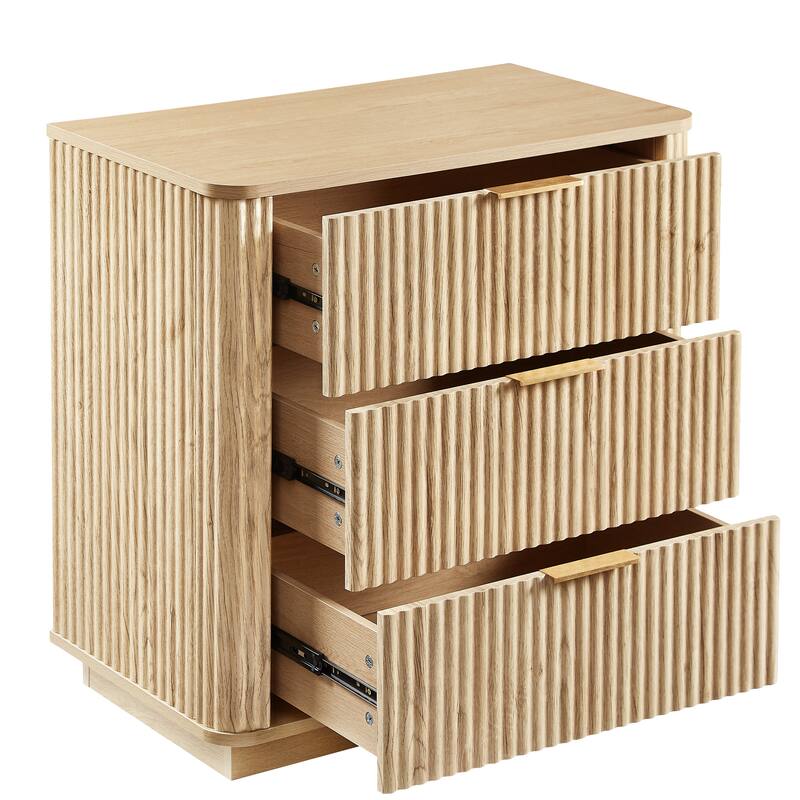 Anmytek 2 Pack 3 Drawer Dresser 27.6 Inch Wide Curved Wave Design Oak Wood Nightstand Organizer