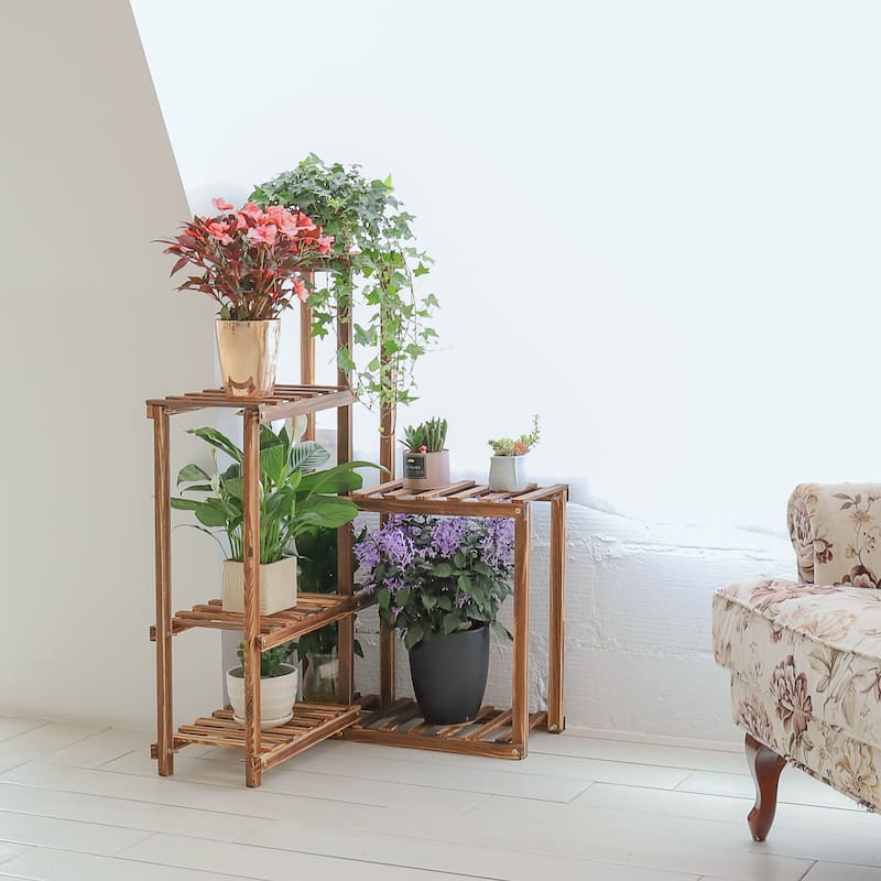 Corner Accent Plant Stand Shelf 6 Tier Wooden Flower Rack for Indoor Outdoor