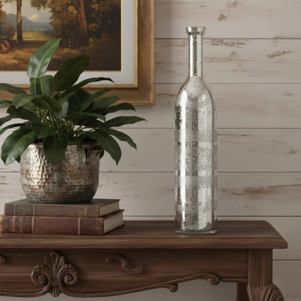 25" Antiqued Silver Floral Glass Bottle Table Vase - 5.20