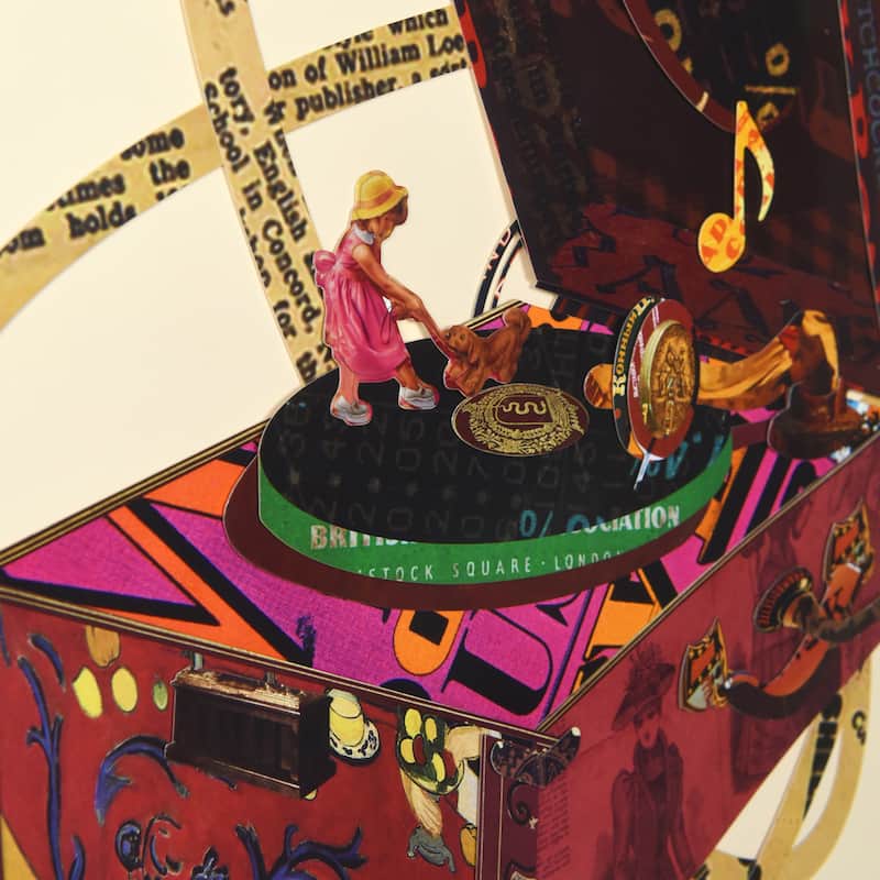 "Wind Up 78 "Alex Zeng's Signed Hand-made Dimensional Wall Art Collage, under glass and a black shadow box frame