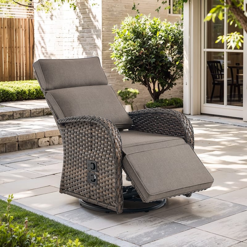 Meyreso 2-Piece Wicker Swivel Reclining Chaise Lounge with Adjustable Backrest & Footrest - Grey-Single Chaise