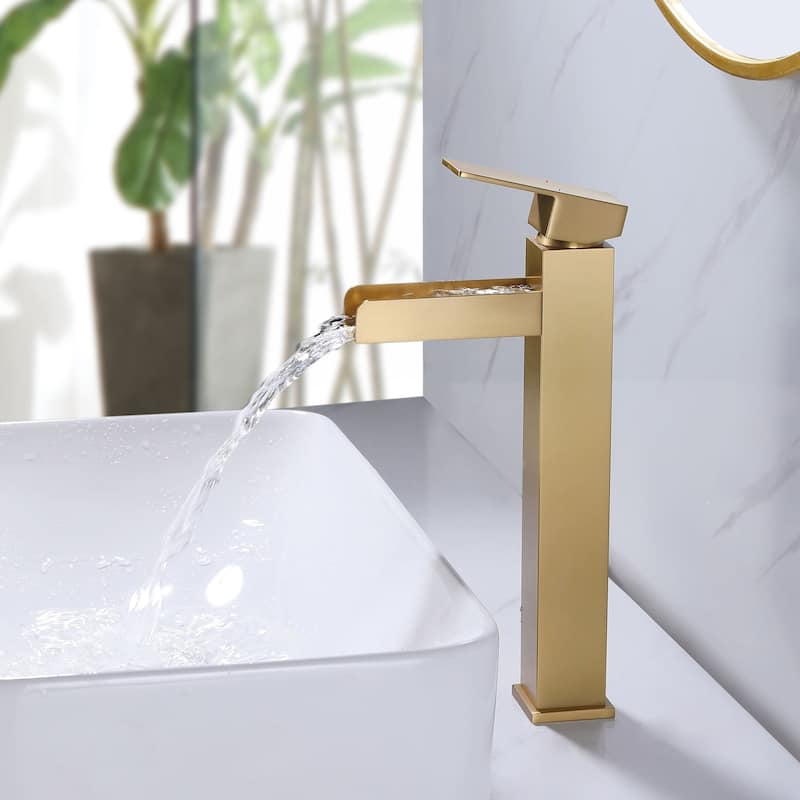 Single Handle Bathroom Vessel Faucet Brushed Gold Bathroom Sink Vessel Faucet One Holes Modern Tall High Basin Vanity Taps - Brushed Gold