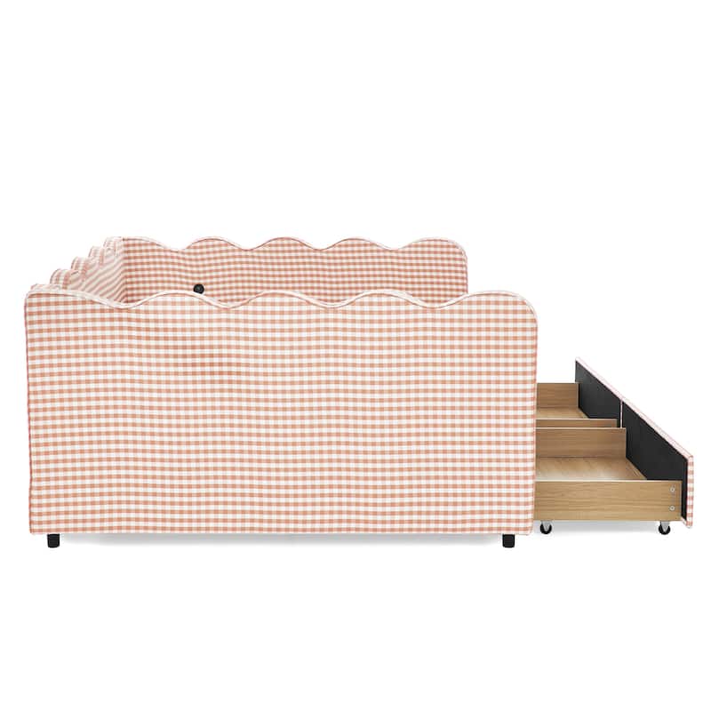 Full/Queen Gingham Daybed with 2 Storage Drawers, USB Port & Wave Shaped Linen Fabric