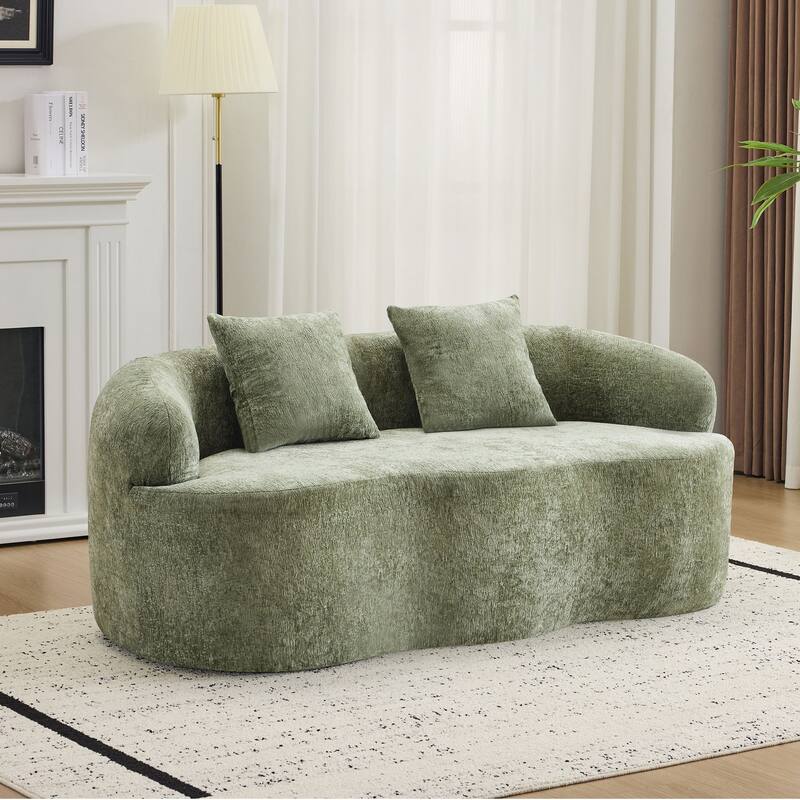 Roomfitters Green Curved Loveseat Sofa with Round Armrest, Compression Couch with 2 Pillows for Living Room & Bedroom