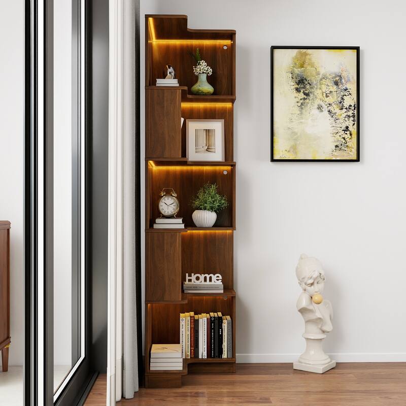 Corner Book Shelf - 5 Tier Corner Bookshelf Bookcase with Baffle, Freestanding L Shaped Display Shelf Stand