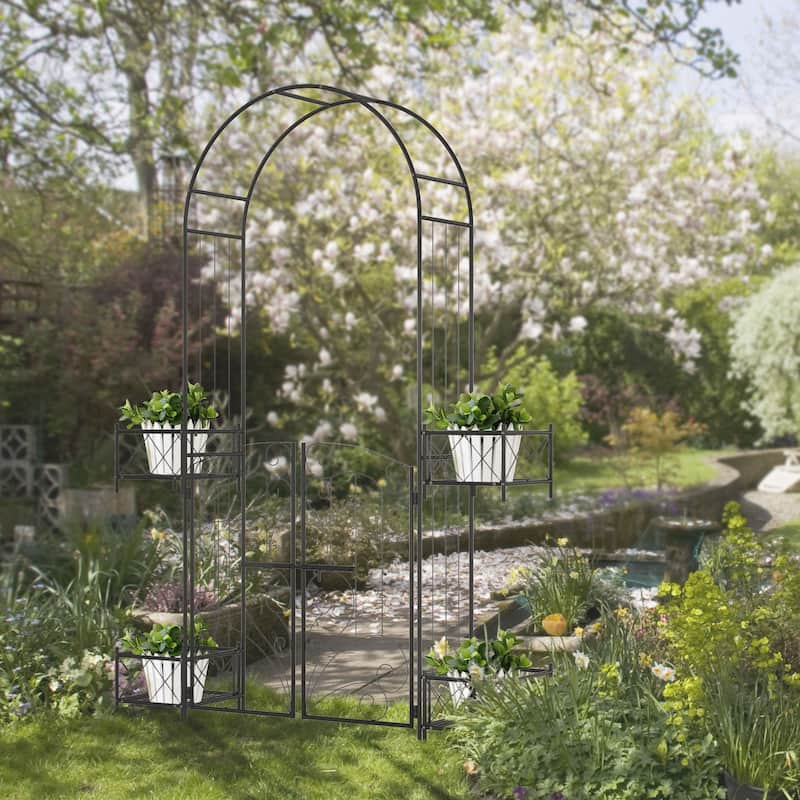 Outsunny 7' Metal Garden Arbor, Garden Arch with Gate, Scrollwork Hearts, Latching Doors, Planter Boxes - Black