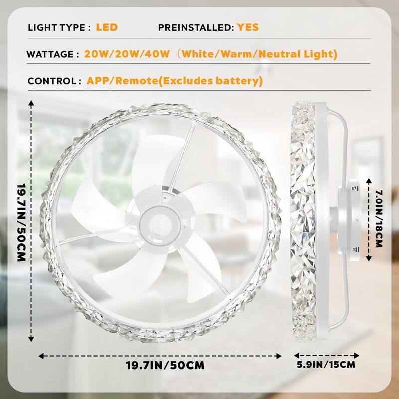20 in. LED Indoor Black Crystal Flush Mount Ceiling Fan with Light Dimmable for Low Profile Kids Room