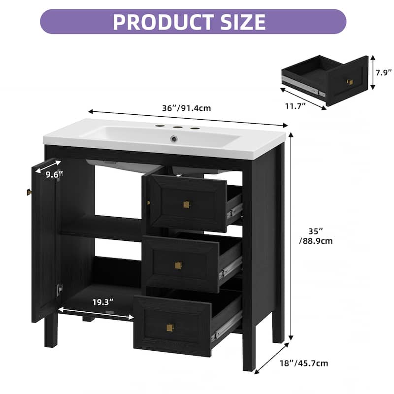 Moasis 36"/42" Bathroom Vanity with Sink Set and 2 Soft-Closing Doors & 3 Drawers - 36 Inch - Black