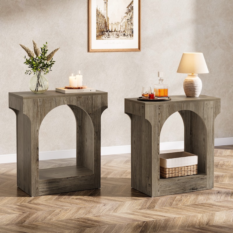 Wood End Side Table with Storage Space - Grey-2Pieces