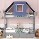 preview thumbnail 2 of 7, Gray+Blue Twin over Twin Wood Bunk Bed with Drawers & Tent