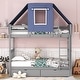 preview thumbnail 16 of 56, Twin Over Twin Playhouse Style Castle Style Bunk Bed Wooden Bed Frame with Tent and 2 Drawers (No Box Spring Needed) Grey/Blue - Twin
