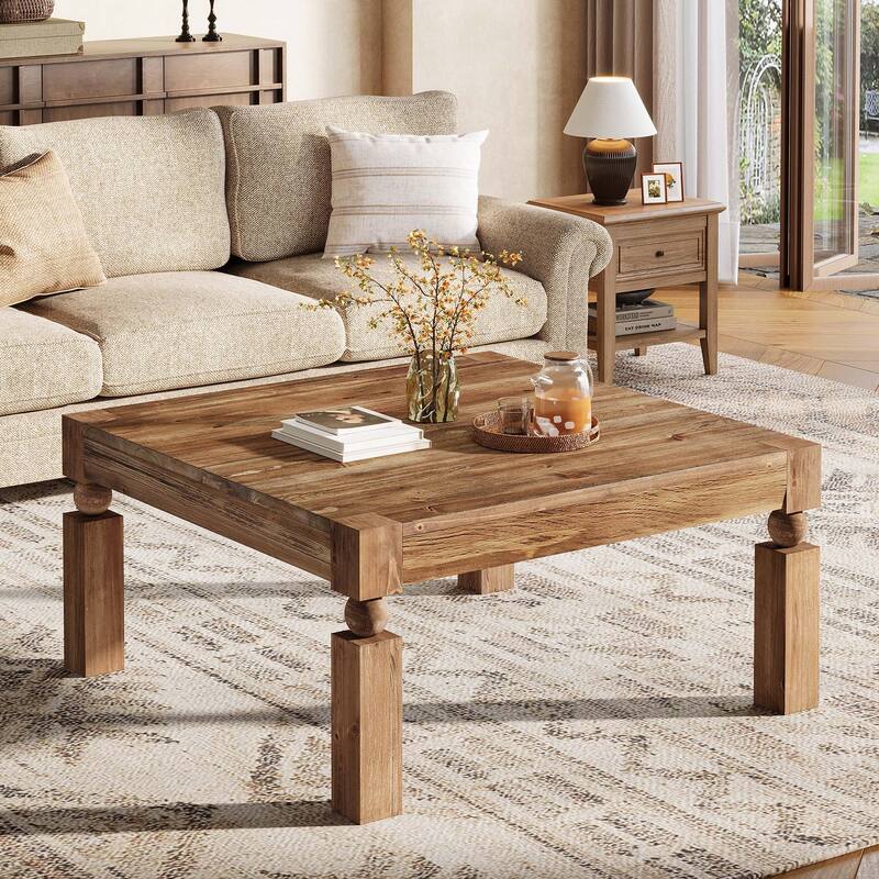 Square Solid Wood Coffee Table, Sturdy Legs Living Room Center Cocktail Accent Table
