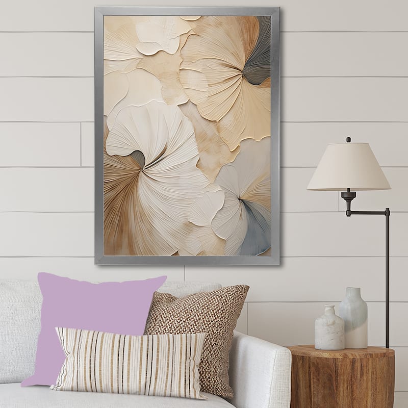 Designart "Beige Minimalism Elegance In Bloom " Flowers Framed Canvas Prints - 24 in. wide x 32 in. high - Silver