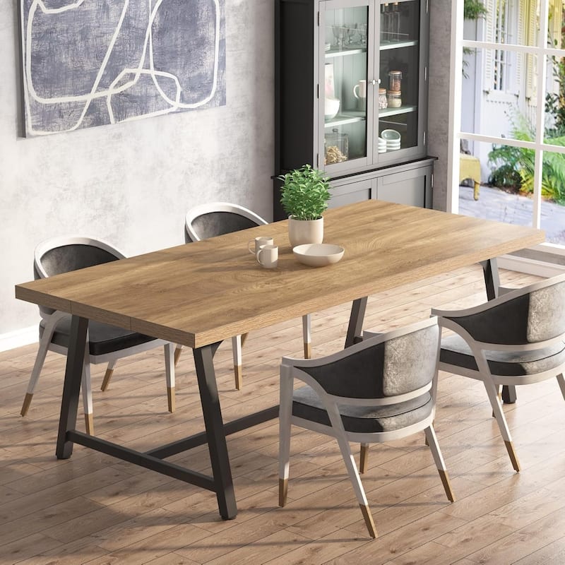 71-inch Dining Table for 8 People, Wood Kitchen Table for Big Family - Yellow Brown