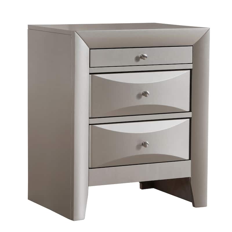 Silver Champagne Nightstand 28x23x17 Contemporary Bedside Table with Three Drawers and Stylish Finish for Bedroom Storage