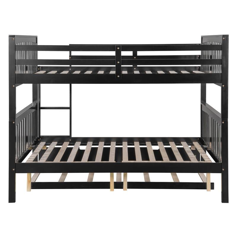 Full over Full Bunk Bed with Twin Trundle and Ladder in Espresso Finish