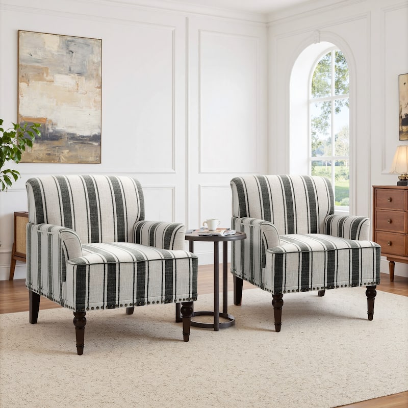 Set of 2 Stripe Linen Accent Arm Chairs with Nailhead Trim and Wood Legs