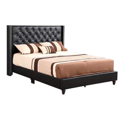 Full Nailhead and Faux Jewel Tufted Upholstered Panel Bed - 80" - Black