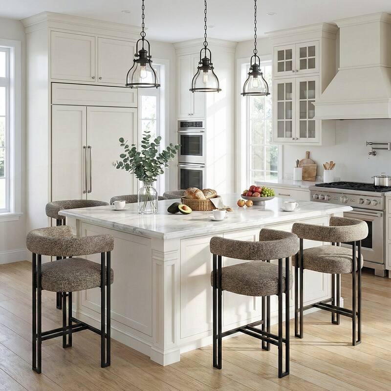 24" Seat Height Upholstered Tweed Solid Back Counter Stool(Set of 6) - Brown