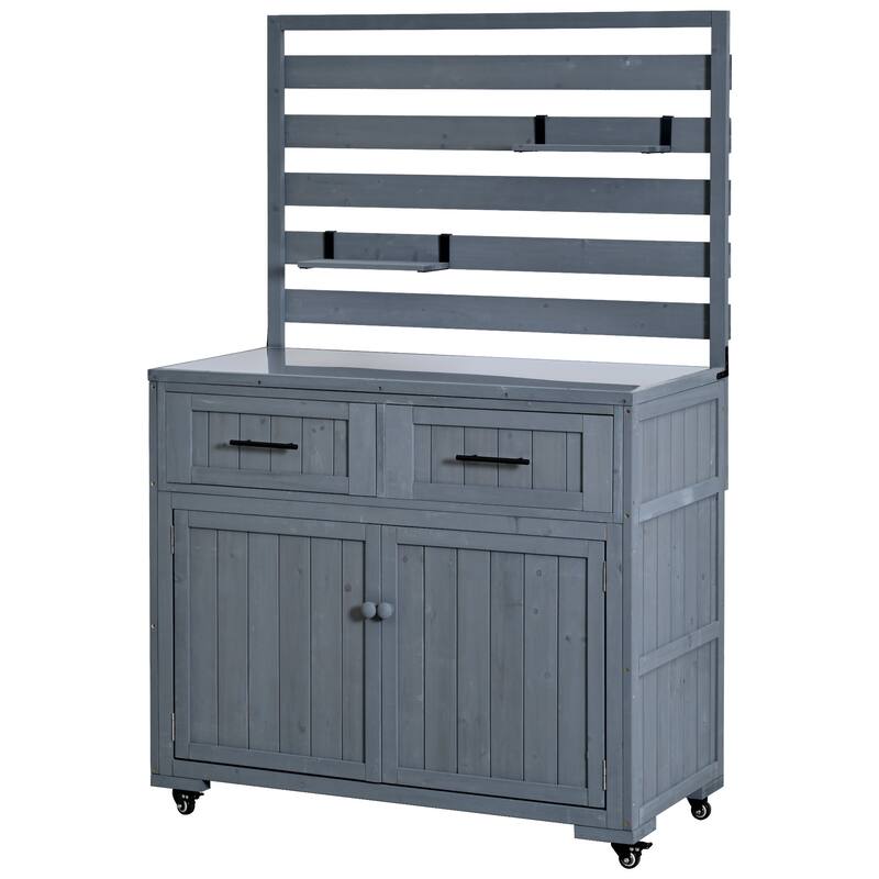 Solid Wood 64.9''Tall Outdoor Kitchen Island Kitchen Cart, Garden Potting Bench with Stainless Table Top for BBQ