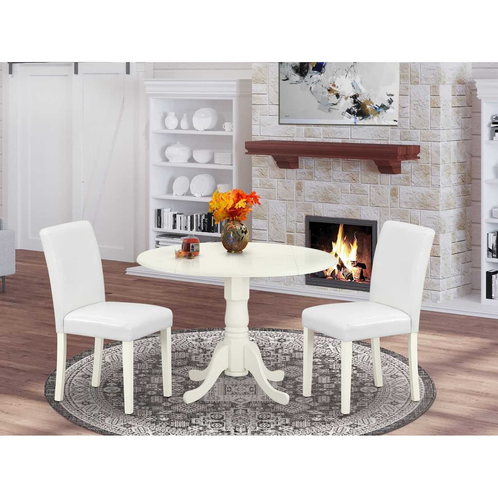 Round Dining Table Set - 42" Table w/ 2 Chairs - Linen White & PU Leather - Modern Dinette Set