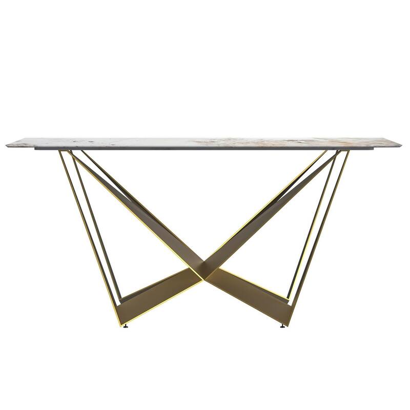 Nuvor Rectangular Sintered Stone or Glass Tabletop Dining Table with Powder-Coated Gold Steel Base for Kitchens & Dining Rooms