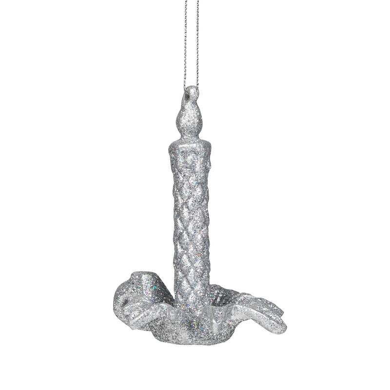 Glitter Drenched Candlestick Christmas Ornaments - 4" - Silver - Set of 4