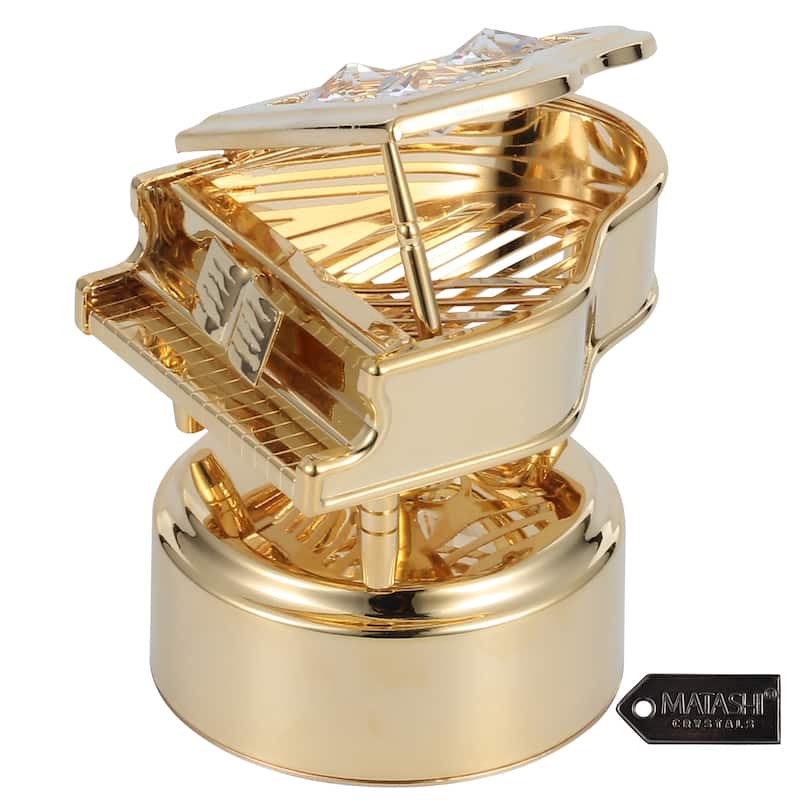 Matashi Home Decorative Tabletop Showpiece 24K Gold Plated Wind Up Music Box with Crystal Studded Grand Piano Figurine