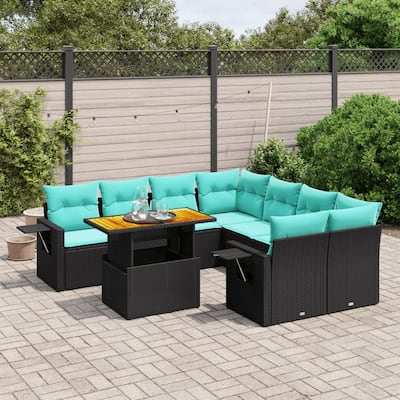 vidaXL Patio Sofa Set with Cushions Outdoor Furniture 9 Piece Poly Rattan - 24.4 x 24.4 x 27.2