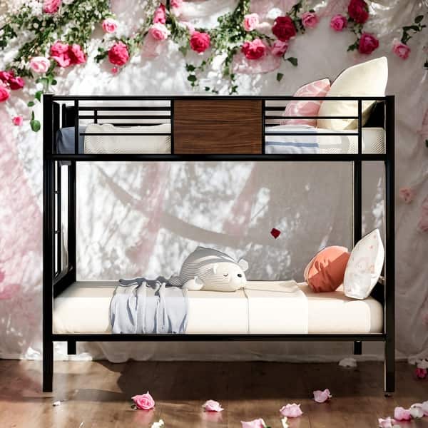 slide 2 of 16, Modren Full over Full Modern Bunk Bed With Safety Rail,Built-in Ladder For Bedroom