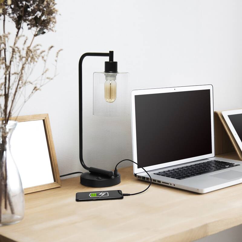 18.8 in. Matte Black Finish Table Lamp with Clear Shade, Desk Lamp for Writing and Computer Desks