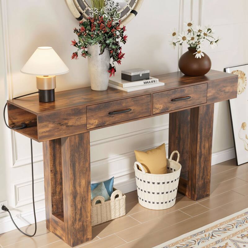 63-Inch Long Console Table, Wooden Rectangular Sofa Table Behind The Couch, Farmhouse Entryway Table for Entrance
