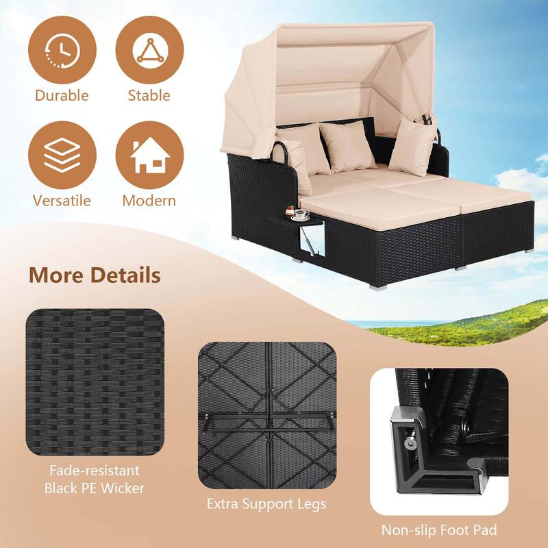 Costway Patio Rattan Daybed Lounge Retractable Top Canopy Side Tables - See Details