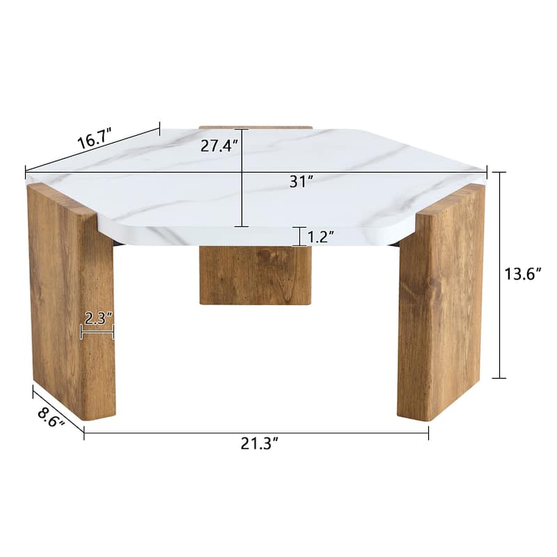 Roomfitters 31" White Marble Textured Pentagonal Coffee Table with Triangular Wood Base, White