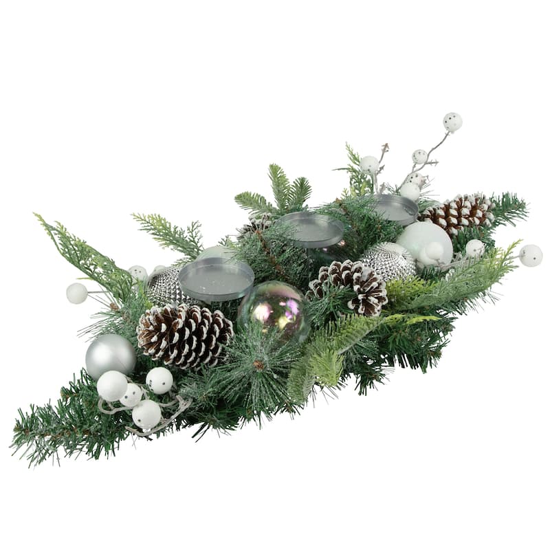 32" Green Pine Triple Candle Holder Berries Iridescent Ornaments